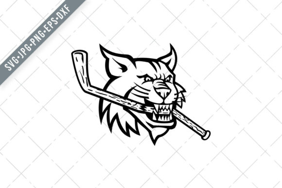 Bobcat Biting Ice Hockey Stick: A Retro Mascot Illustration for Bold Design Projects