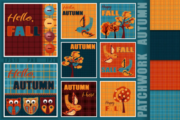 Discover the Charm of Patchwork Autumn: Retro Vector Art with Birds and Trees
